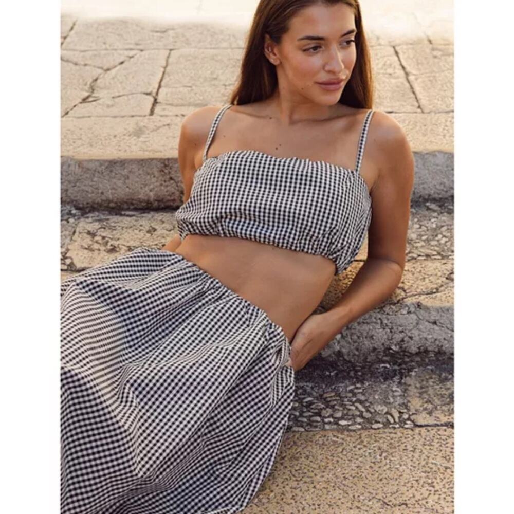 French Connection Black Tan Gingham Bubble Crop Top Small